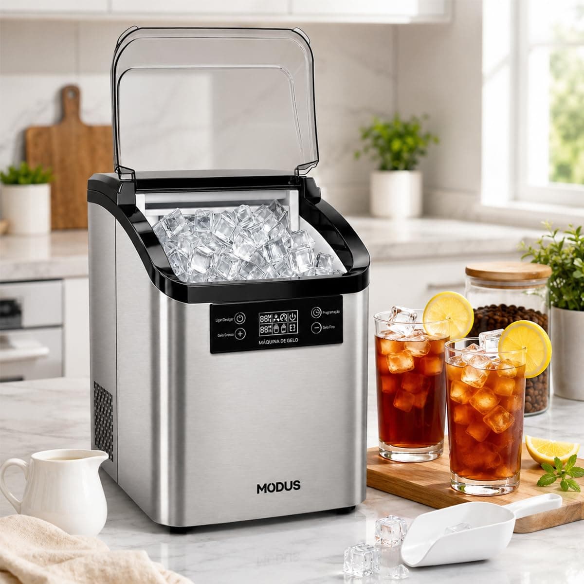 Máquina de Gelo Portátil Aço Inoxidável 20kg | com Autolimpeza 130W, 127V