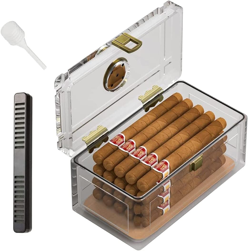 TISFA Umidor de charuto de acrílico com umidificador e higrômetro, caixa de charutos de mesa que pode armazenar cerca de 15-20 charutos (P)