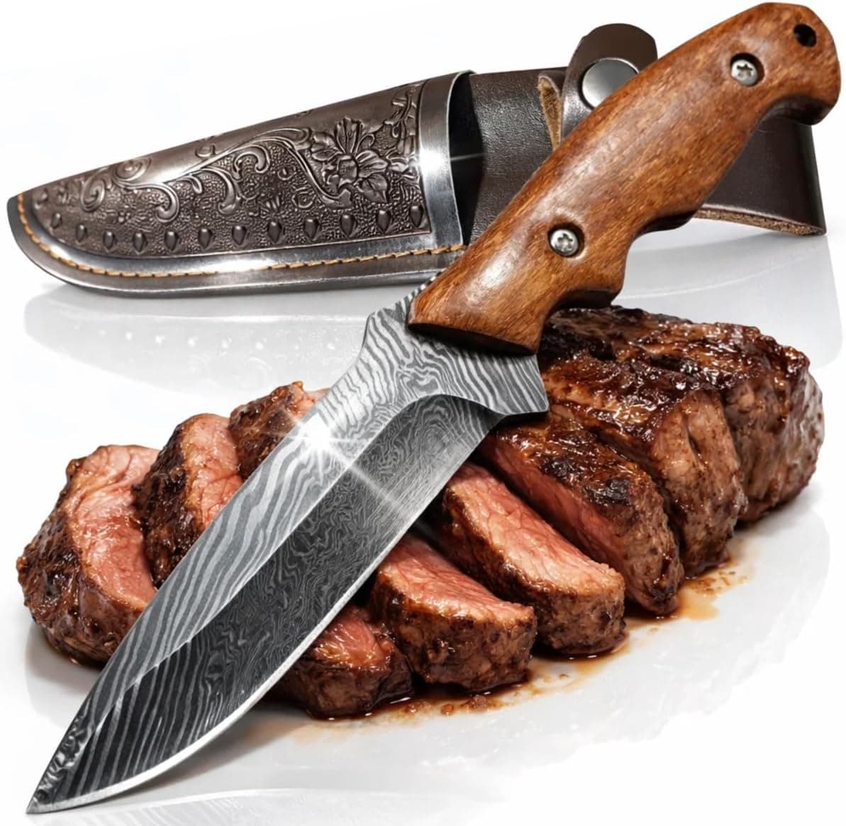 Faca Artesanal Full Tang 4mm Aço Inox Padrão Damasco - Lâmina 12cm Afiada para Churrasco e Cozinha - Cabo Madeira Nobre com Bainha de Couro Trabalhada - Presente para Churrasqueiro