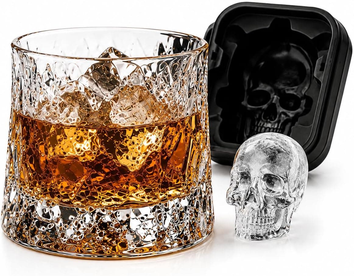 Kit Copo para Whisky Old Fashioned Vicxis Vidro Grosso com Forma de Gelo Caveira em Silicone | Copo Premium para Bourbon, Drinks e Presente Masculino para Bar