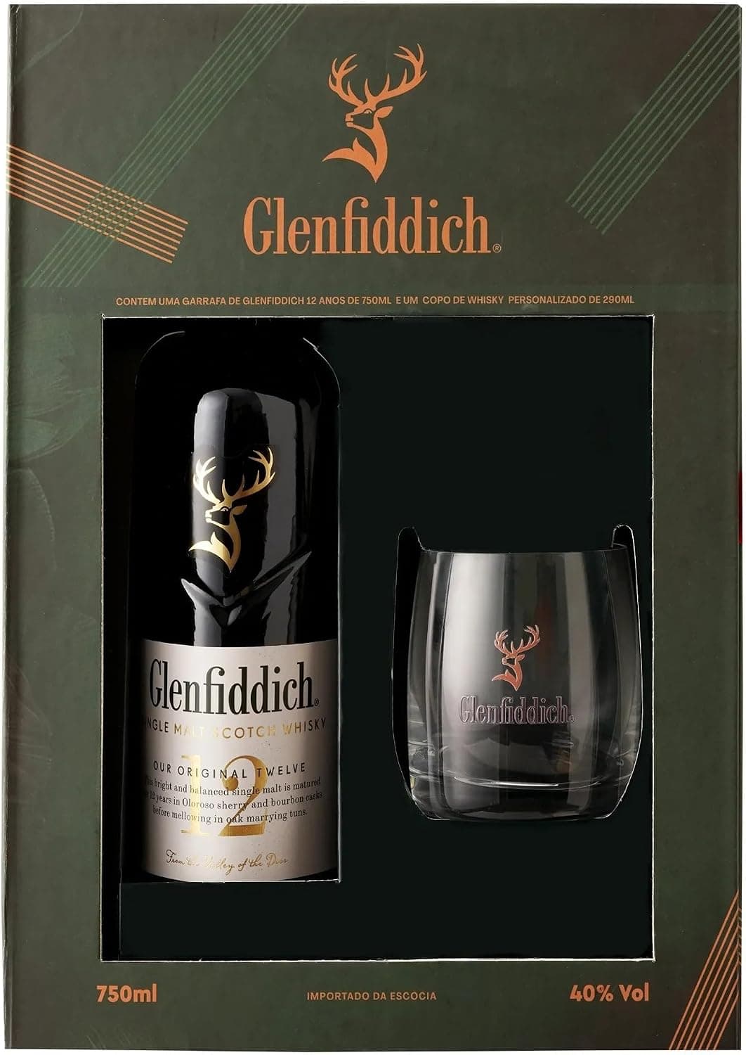 Glenfiddich Whisky Single Malt Scotch 12 Anos, 750ml, 40% Vol, Kit com Copo Personalizado