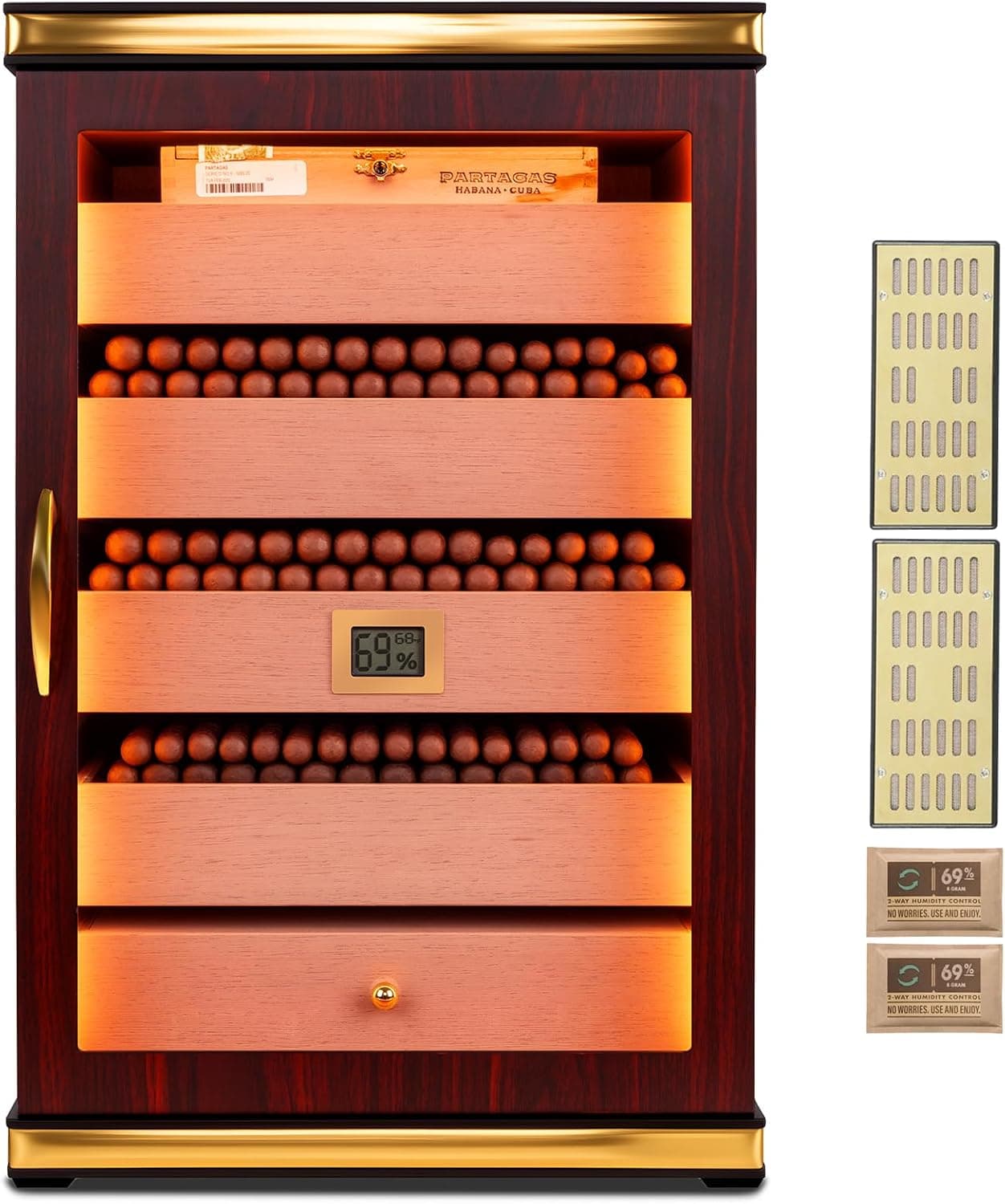 Umidor de charuto, umidificador de charuto de mesa luz de três lados com higrômetro digital, umidificador e pacotes de umidade. 5 gavetas de madeira de cedro, caixa de umidificador de charuto pode