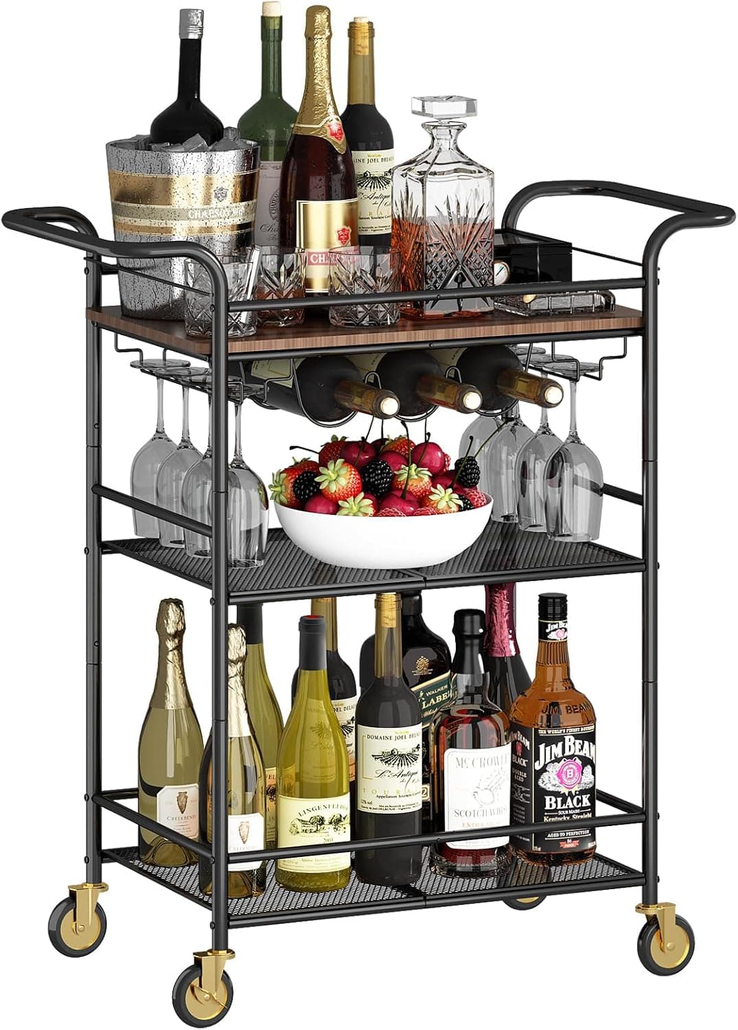 Carrinho de Bar de 3 Níveis com Rodas, Carrinho de Bar Externo para a Casa, com Rack de Vinho e Suporte para Copos, com Compartimento de Malha, Marrom