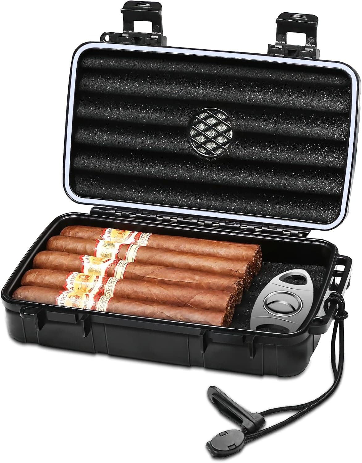 Flauno Estojo de umidificador de charuto para viagem – Caixa de charutos portátil com disco umidificador e cortador de charutos | À prova d