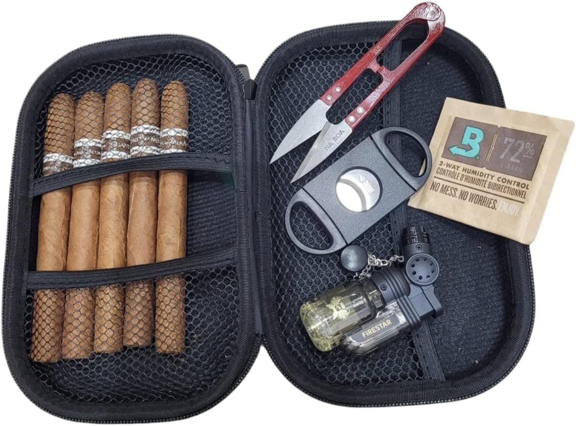 Kit Completo para Charutos, Estojo Porta Charutos com Maçarico Chama Dupla, Cortador, Tesoura de Metal e Boveda 72%