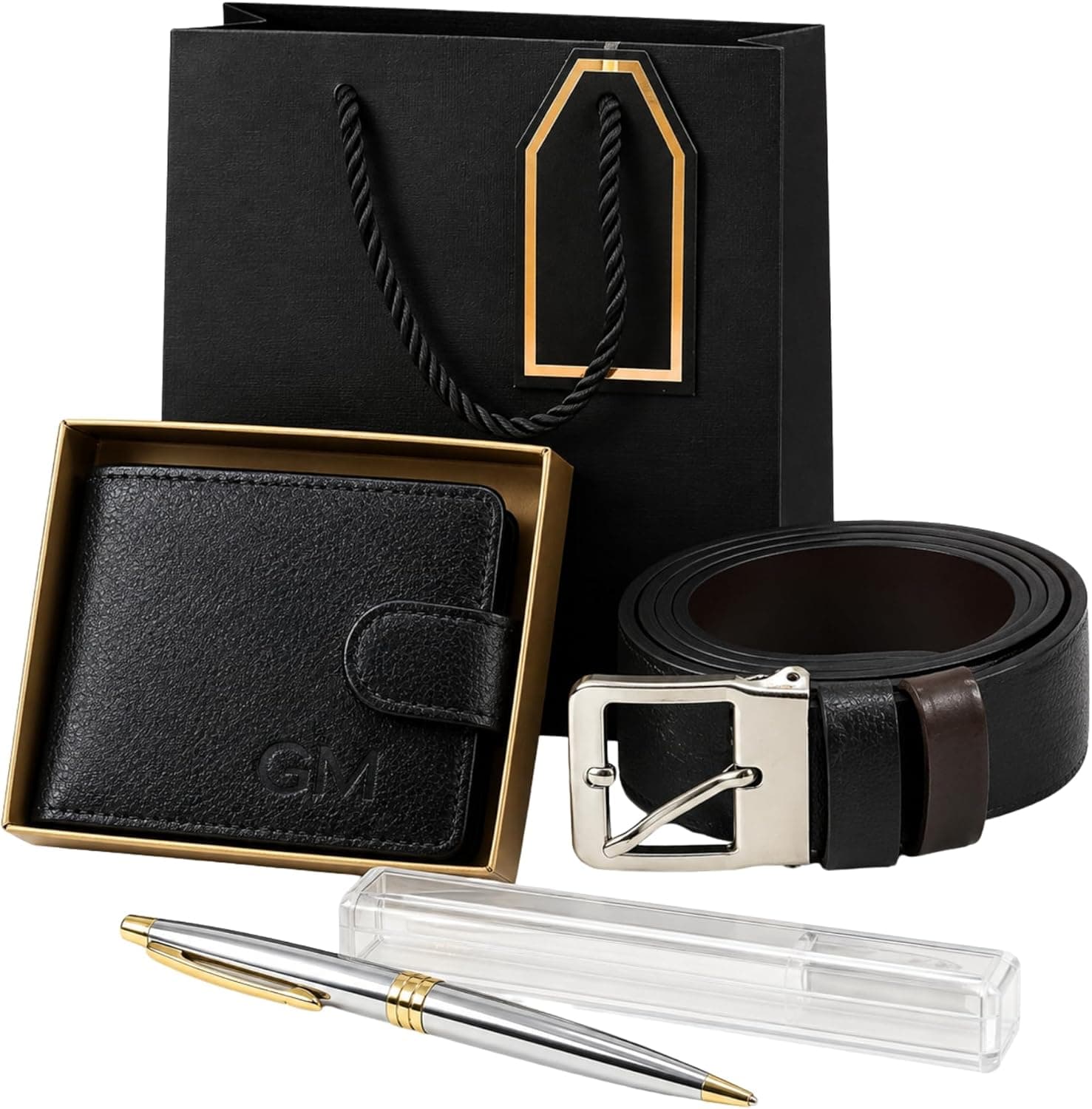 Kit Masculino 3 Peças com Cinto Dupla Face 130 cm, Carteira 100% Couro e Caneta com Estojo Acrílico - Presente Masculino Homem
