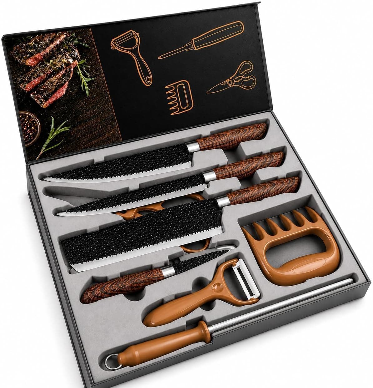 Kit Churrasco Madeirado, Conjunto 8 Peças, Facas Gourmet, Corte Navalha Antiaderente Premium - T2X Soluções (Madeirado)