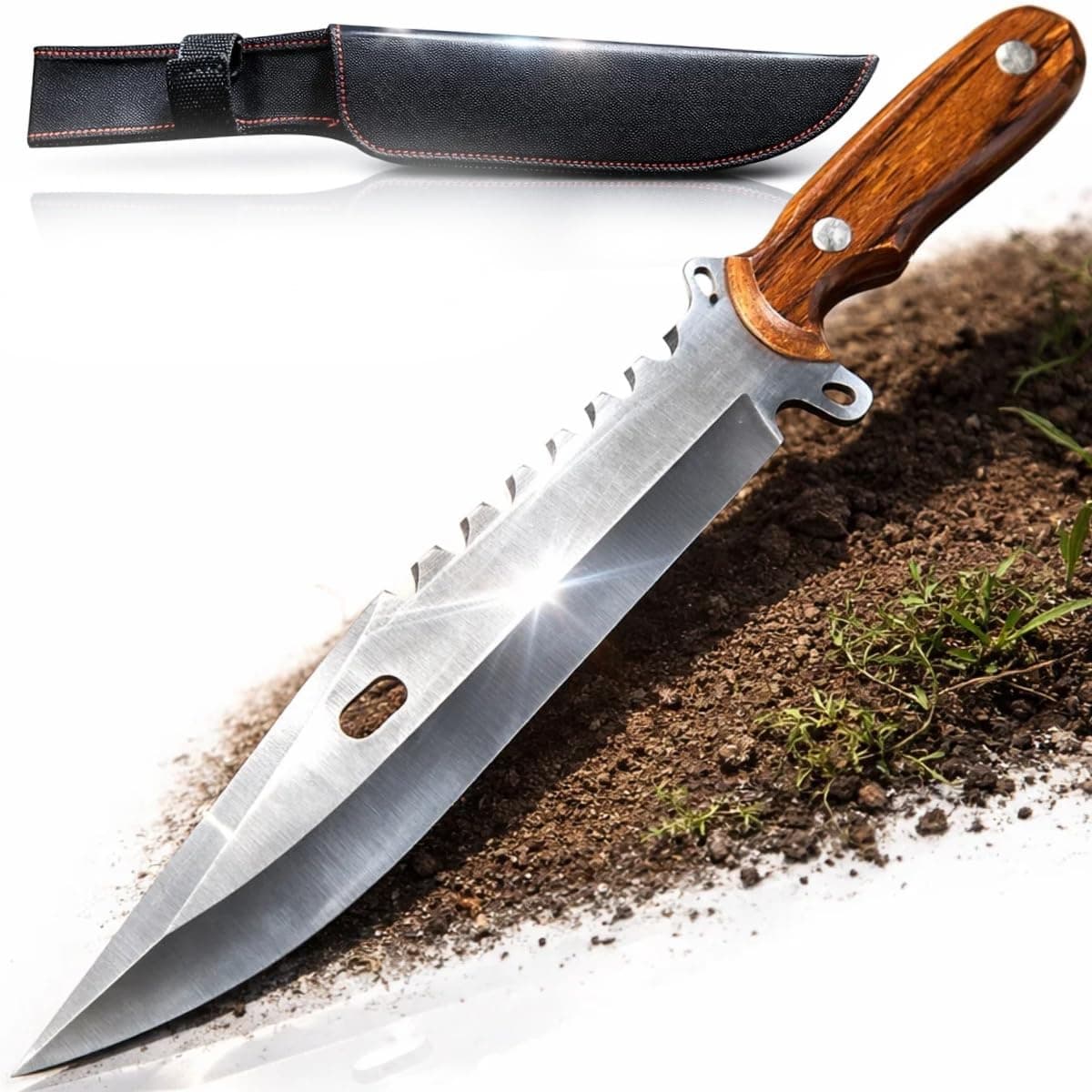Faca de Sobrevivência Full Tang com Lâmina Aço Inox 4mm, Cabo de Madeira Premium, Alta Durabilidade, Ideal para Camping, Bushcraft, Trilha, Churrasco e Uso Outdoor.