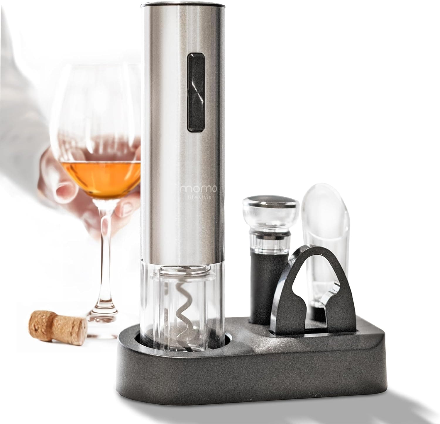 Momo Lifestyle Abridor de Vinho Elétrico Automático Recarregável com Kit Acessórios WineWiz, Saca Rolhas, Corta Lacre, Rolha a Vácuo, Aerador e Base de Armazenamento Bivolt