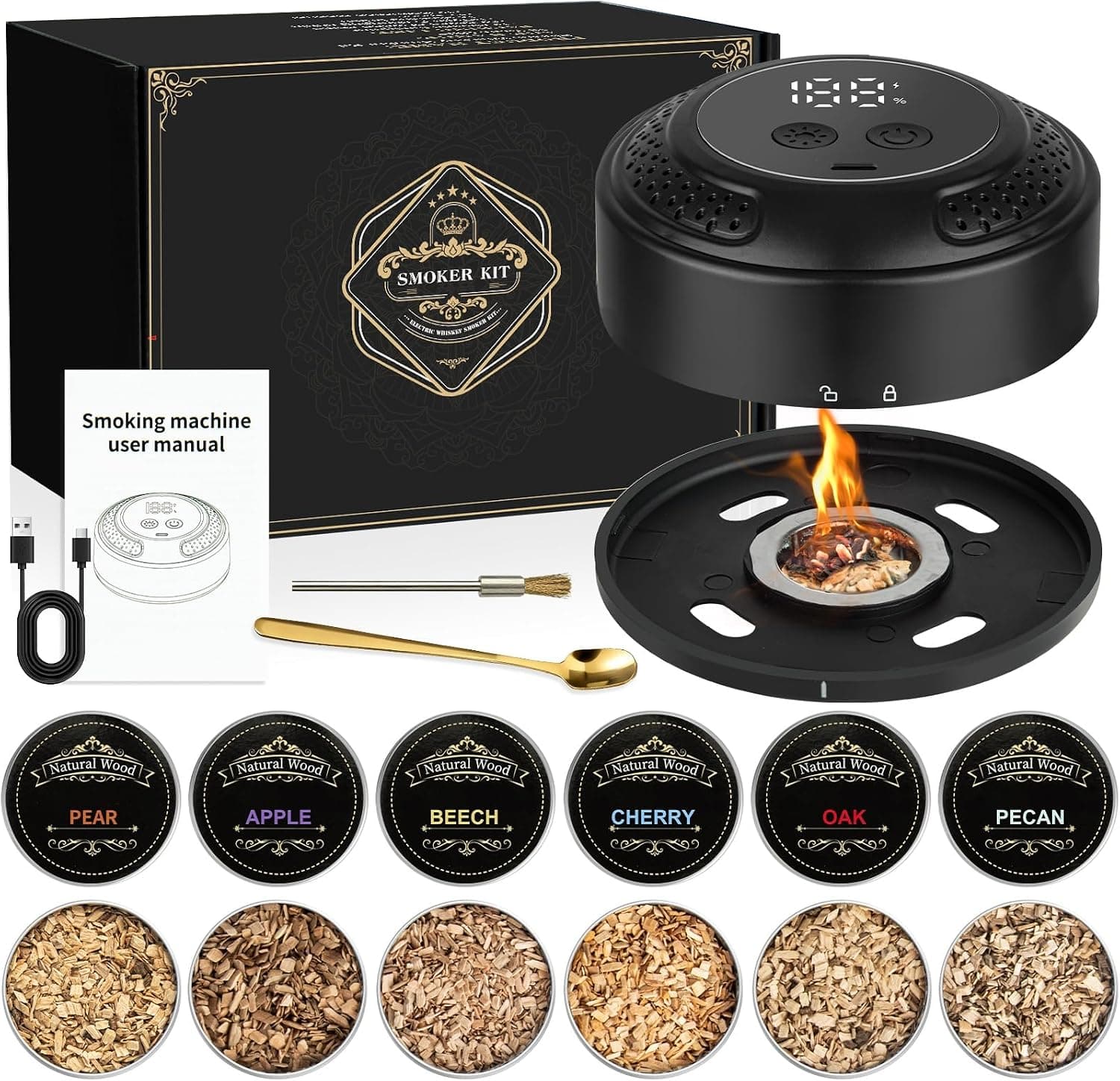 Kit de defumador elétrico de uísque – Fumador de coquetel recarregável com isqueiro embutido e 6 lascas de madeira | Presente ideal para homens, pai, marido
