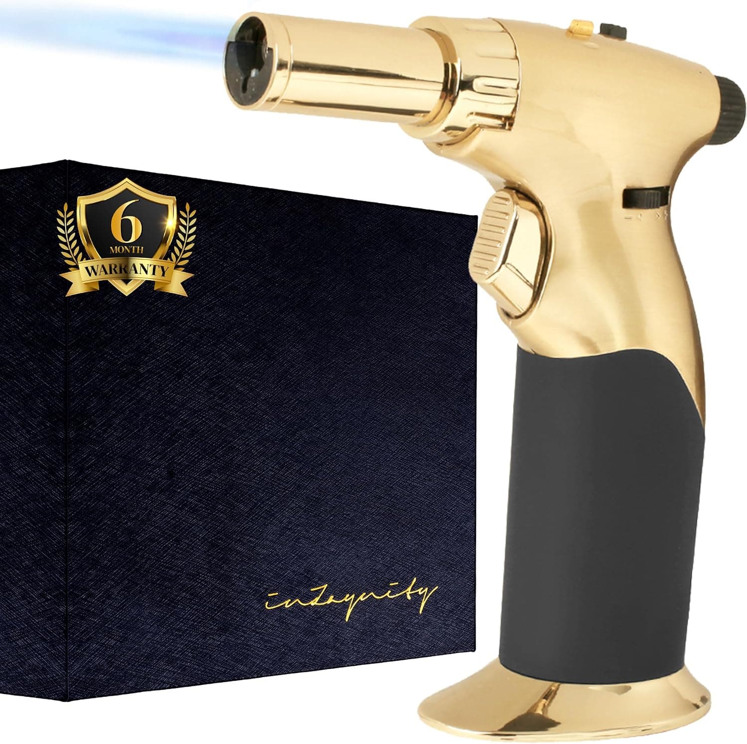 Pistola de tocha de butano com chama dupla – Mini tocha de sopro portátil de luxo recarregável para cozinhar, creme brulee, soldagem, e arte de resina – chama ajustável com trava de ignição – dourado e preto inZaynity
