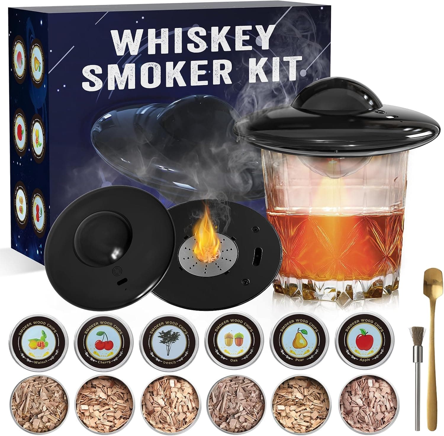 Kit de defumador de uísque elétrico com 6 sabores de lascas de madeira | Infusor de fumaça embutido recarregável por USB, presente de bar para Bourbon Old Fashioned Men Holiday Use