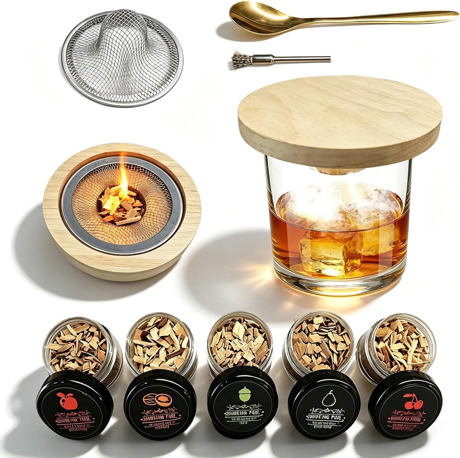 Kit Defumador de Whisky, Defumador Profissional Para Drinks e Coquetéis com 5 Tipos Lascas de Madeira Para Diferentes Sabore, Defumador de Drinks Presentes Criativos Para Homens, Pais e Entusiastas