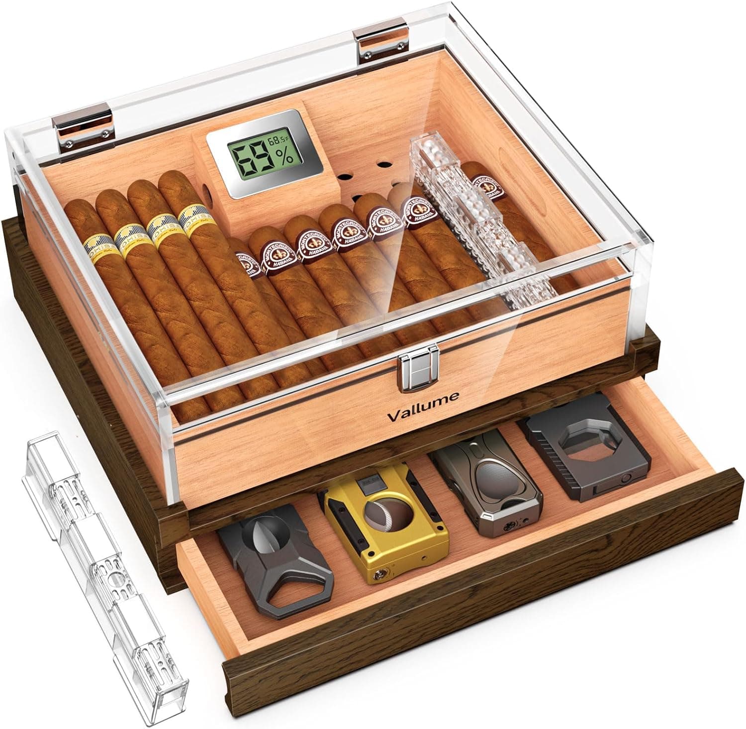 VALLUME Umidor de charuto, umidificador de acrílico com base de gaveta de madeira, umidificador de mesa compacto, possui umidificador deslizante controlado por gel, bandeja de madeira de cedro
