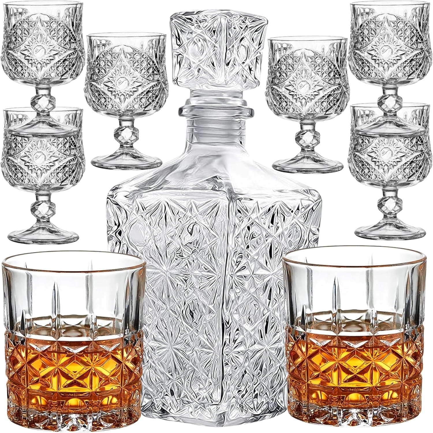 Kit Garrafa De Vidro Para Whisky Mini Bar 2 Copos Para Whisky 6 Mini Taça Para Licor Decoração
