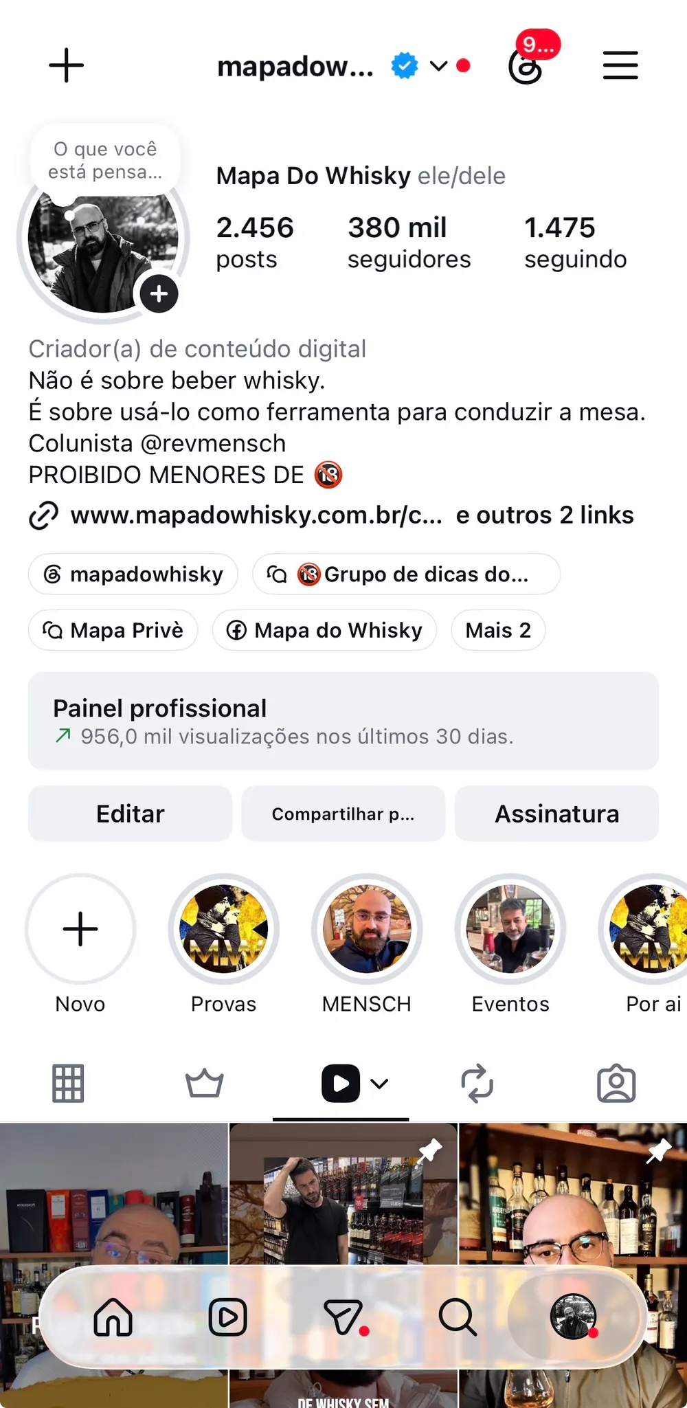 Perfil do Mapa do Whisky no Instagram, com 380 mil seguidores