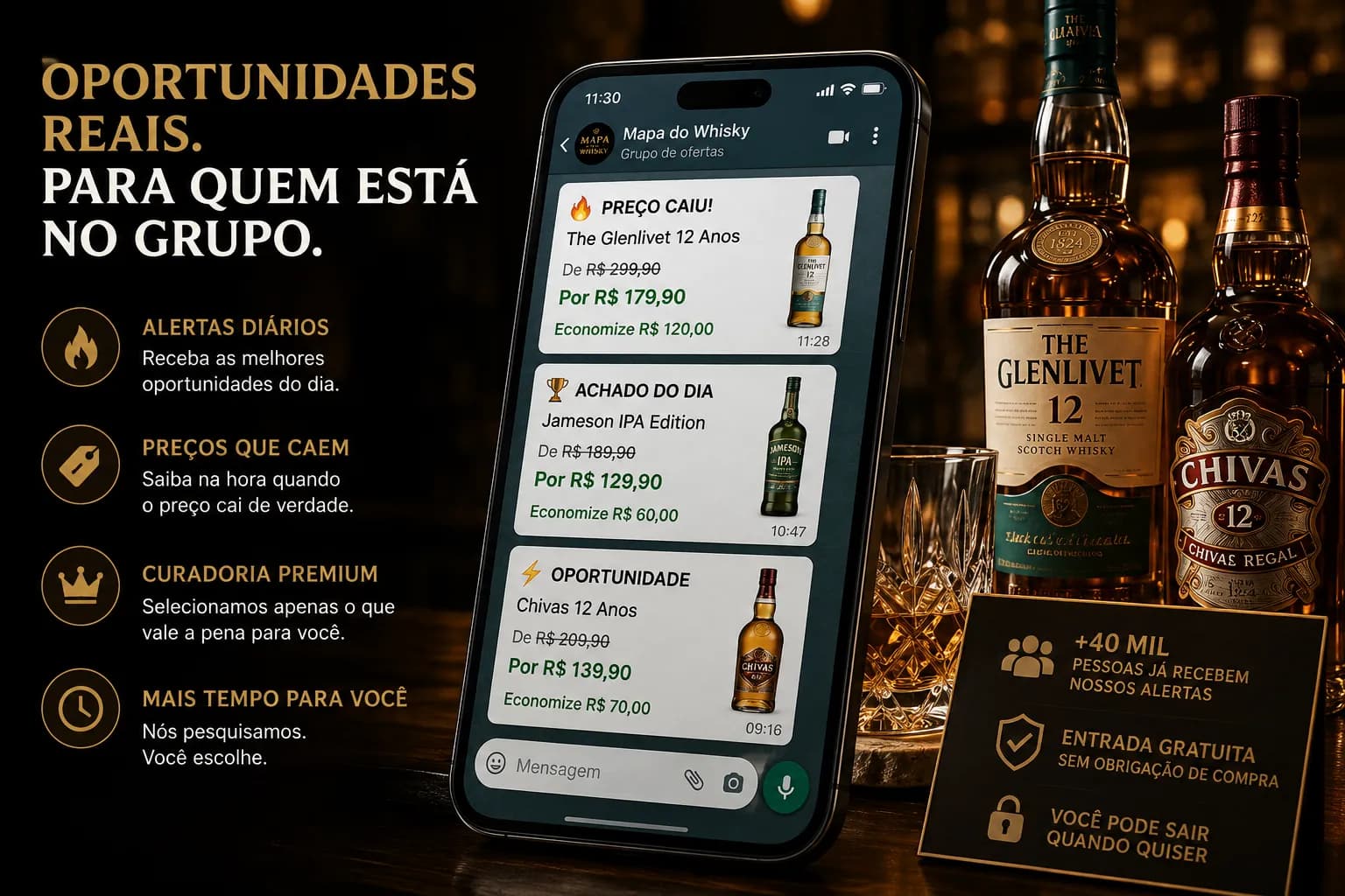 Oportunidades reais do grupo Mapa do Whisky, com alertas de queda de preço e curadoria premium
