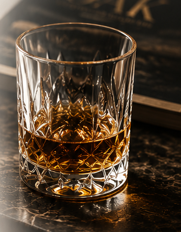 Copo de cristal com whisky sobre mármore escuro, ao lado da revista OAK